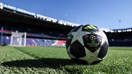 Un ballon officiel de la Ligue des champions 2026 sur la pelouse du parc de Princes. (FRANCK FIFE / AFP)