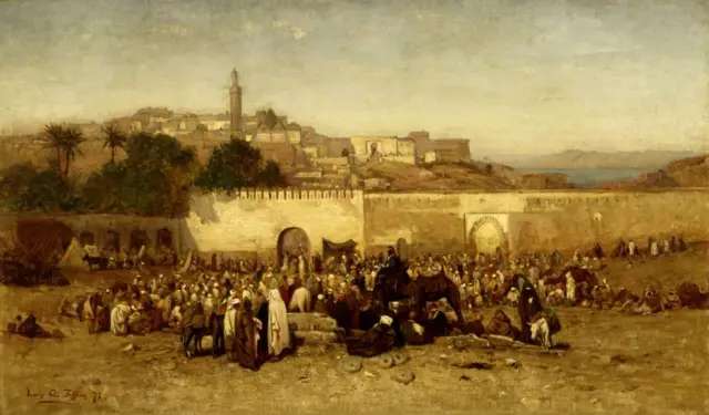Marché de Tanger au XIXe siècle, symbole des échanges commerciaux entre l’Europe et le Maroc.