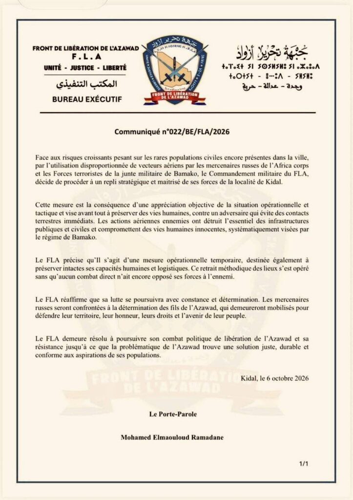 Kidal : le FLA quitte la ville et prépare déjà la suite